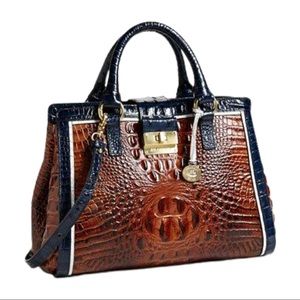 Brahmin SUGAR TRI-COLOR ANNABELLE Satchel Pecan Navy White Leather